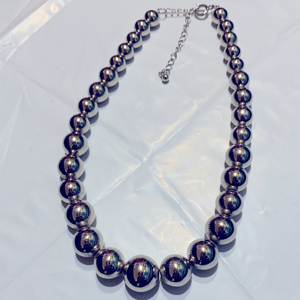 Vintage Graduated Shiny Silver Ball Bead Statement Ajustable Necklace #336
